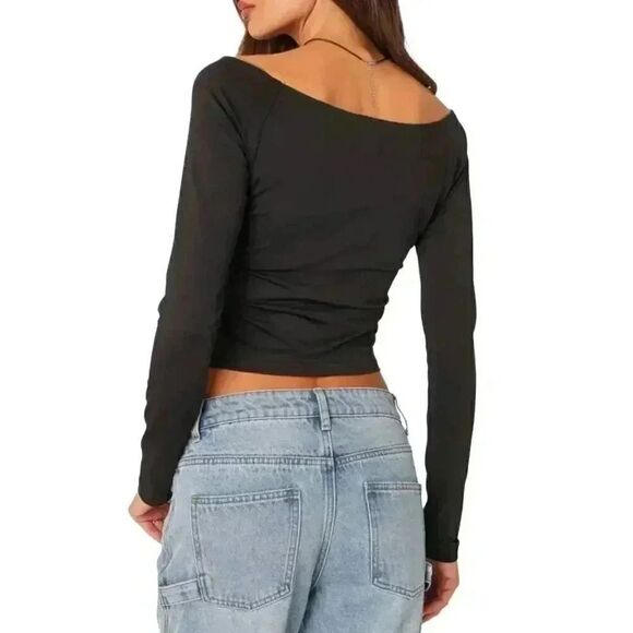 Edikted Women's Black Cotton/Spandex Tahlia Off the Shoulder Crop Top NEW - Picture 4 of 16